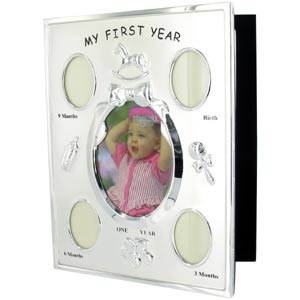 This unusual silver plated My First Year collage photo album makes a beautiful keepsake to keep all 