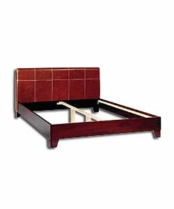 Low level solid wood luxuriously upholstered frame with textured brown real leather headboard featur