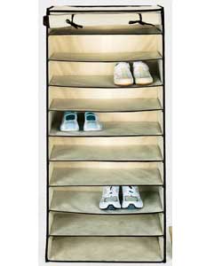 10-shelf shoe storage unit in cream with chocolate brown piping. Holds up to 30 pairs of shoes