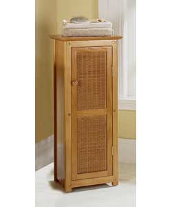 Rattan and wood shaker style storage cabinet with non-adjustable shelf inside and 1 door with