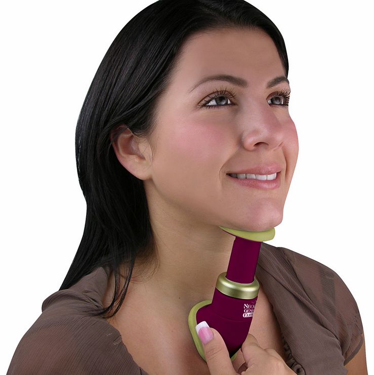Neck Genie. Gently firms the underlying muscles of the neck. Eliminates sagging skin and can reduce a double-chin or neck folds. Use just two minutes a day. Quick, easy and pain-free.