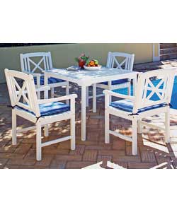 Table size (H)75.5, (W)100, (L)100cm.Chair size (H)91, (W)62, (L)61.5cm. White painted finish