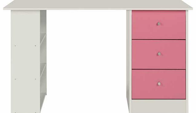 The New Malibu range offers a fun line of colours. perfect for brightening up kids bedrooms. This New Malibu pink on white 3 Drawer Desk has two handy shelves underneath the work surface and three deep storage drawers with plastic runners. Crafted to