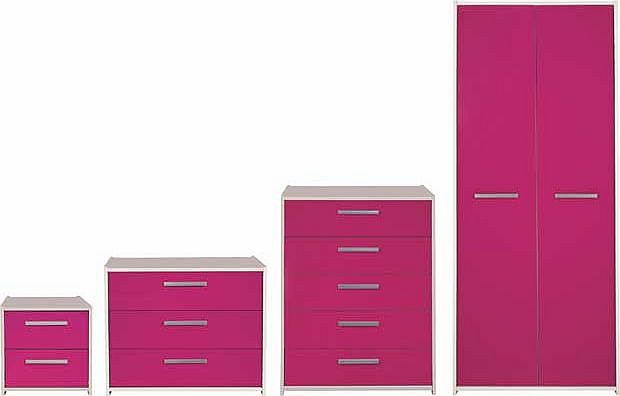 Transform your bedroom with the contemporary New Sywell pink on white package. Including a spacious wardrobe. two chests of drawers and bedside chest. this is a stylish storage solution for any bedroom. Deeper drawers provide greater storage and impr