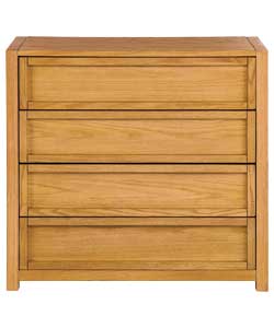 Red oak veneer with natural oak colour wooden handles. Size (H)86.6, (W)89.6, (D)40cm. Drawers have 