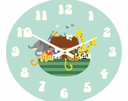 Noahs Ark Wall ClockThis beautiful wall clock is decorated with a colourful cartoon image depicting Noahs Ark and all the animals.The clock has a duck egg blue background with white numerals and matching white hands and will make the perfect accessor