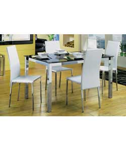 Modern dining set containing table with square chunky chrome metal legs and black glass table top. S