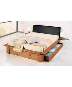 Solid pine double bed in new continental design.Brown leather effect headboard.2 clip-on bedside