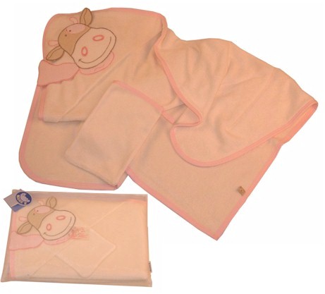 A luxuriously soft hooded towel  beautifully appliqued with loveable character Lola the Cow from