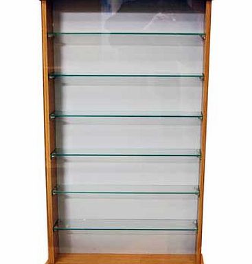 Stylish wall mountable display unit in oak effect finish with pale grey painted backboard and 6 tempered safety glass shelves and sliding / removable glass door. Glass shelves are adjustable at 5cm intervals. Shelf is 44.5cm wide x 8.5cm deep. The gl