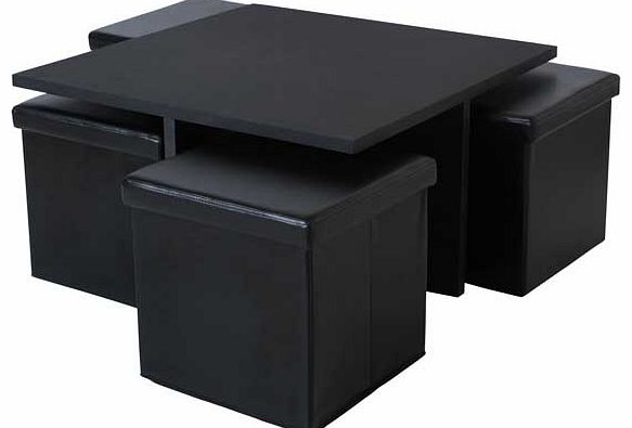 This functional coffee table offers you a stylish and convenient storage solution. 4 leather effect ottomans stow underneath the coffee table and provide ample storage space for books. magazines. DVDs etc. You can even use them as extra seating when 