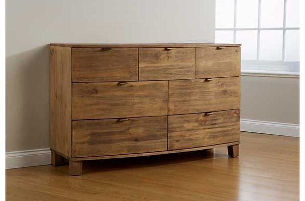 The Olivia range features a bow fronted design and brushed brass effect handles to give a truly rustic finish to any bedroom. Part of the Olivia collection Size H90. W140. D47cm. Wood. 7 drawers with metal runners. Metal handles. Self-assembly - 2 pe