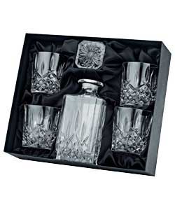 Crystal glass.Capacity of decanter 75cl.Capacity of each whisky glass 25clIncludes a satin lined pre