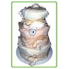 The Three Tier Organic Nappy Cake is beautifully presented on a white cake board, wrapped in celloph
