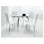 Orso dining table, glass and chrome with 4 chairs, white, features a modern stylish table with chrom