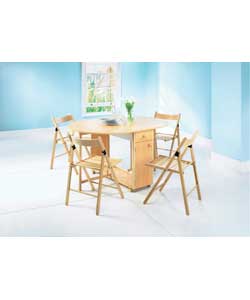 Beech coloured table and 4 chairs. Wood effect table top and solid beech legs. Includes drawer