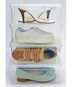 Plastic boxes.Ideal for home storage.Holds 1 pair of shoes per box.Size (W)33.5, (H)12, (D)20.5cm pe