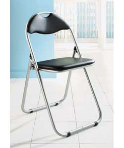 Silver and black padded chair with metal frame. Cu