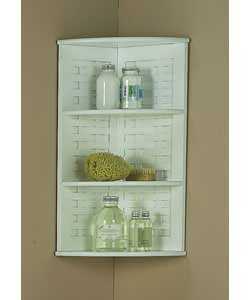 White satin finish MDF 3 shelf wall mounted corner cabinet with wicker weave style sides.3 fixed she