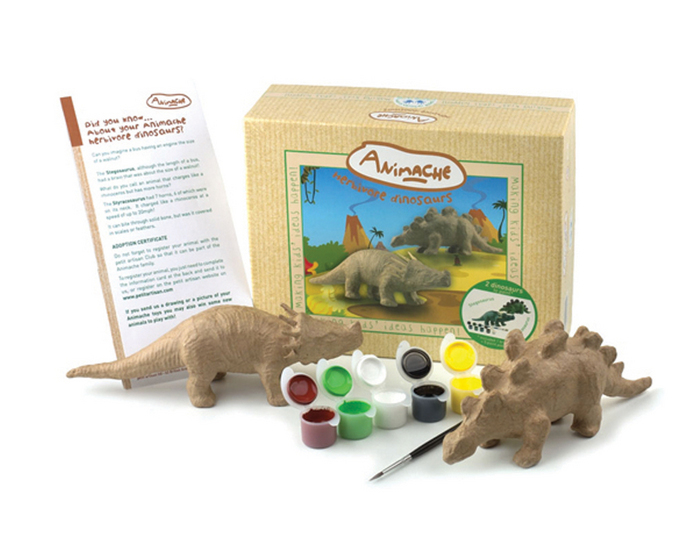 Another ideal party gift, these stylishly packaged kits contain two papier-mache dinosaurs or horses