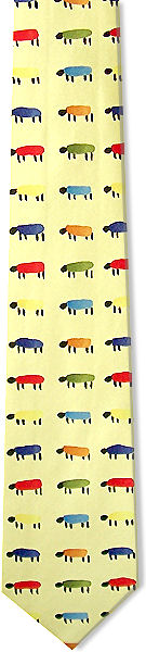 A lovely artistic tie with brightly coloured sheep in a painted style on a yellow back