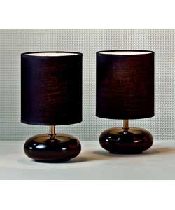 Black ceramic bases with black fabric shades.In-line on/off switch.Height 26cm.Shade diameter 15cm.R