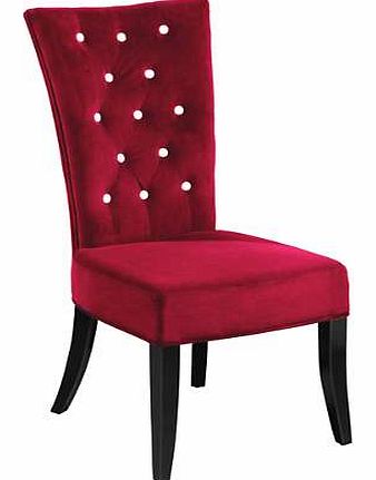 These luxurious dining chairs are upholstered in gorgeous velvet with diamante detail to give a really glamorous look. The red, black and grey options have black legs and the purple option has walnut effect legs.Chairs Features: Dimensions: 45W x 49D