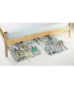 Under the bed shoe storage bags, each holding up to 12 pairs of shoes in clear PVC.Fully