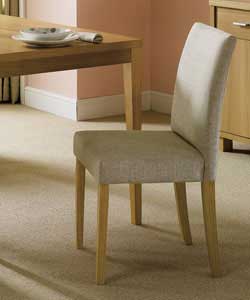 Chair size (W)43, (D)52, (H)85cm.Linen chairs with upholstered seatpad and backrest.Oak coloured rub