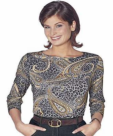 Lovely stretch top in an elegant combination of Paisley and animal print. With three-quarter length sleeves and a lovely rounded neckline. Top Features: Three-quarter length sleeves Round neck Washable 95% Viscose, 5% Elastane Length: 66 cm (26 ins) 