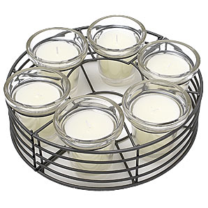 Fitting snugly around your parasol, a pewter tea light holder containing six wax-filled glass holder