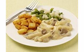 Penne pasta in a creamy mushroom and leek sauce. Served with diced potatoes, green beans and cauliflower.