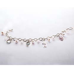 Hallmarked sterling silver bracelet with charms of freshwater pearl, mother-of-pearl, rose quartz,
