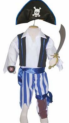 This set includes blue striped trousers with a peg leg. waistcoat. shirt. pirate skull and cross-bones hat and then to complete the pirate look an eye patch. blue sash and a cutlass. This costume is machine washable. Suitable for height 98 to 110cm. 