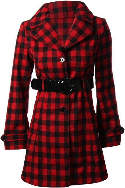 Lumberjack woven check coat with double breast, funnel neck and belt