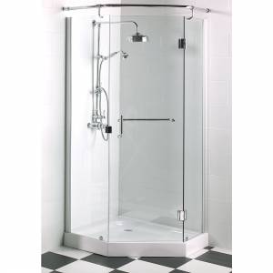 A Luxury `Frameless Pentangle` shower cubicle  in stock  in the UK   featuring -  - Pivot Door with 