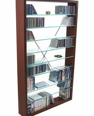Slimline free standing dark oak media / storage unit with 9 fully adjustable clear glass shelves and chunky dark oak wood effect modern frame. (Only 8 glass shelves shown in the image but 9 are supplied) Designed for DVDs / Blu-rays. computer games. 