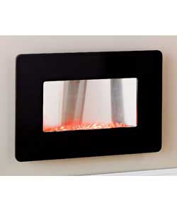 Electric wall hung fire with a black frame and glass pebble fuel bed.Contemporary style with a lands