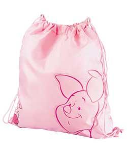 Water resistant nylon.Piglet embroidered on front.Double drawstring with elasticated velcro