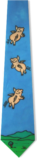 An individually hand painted fun tie with three flying pigs outlined in black all over on a blue bac
