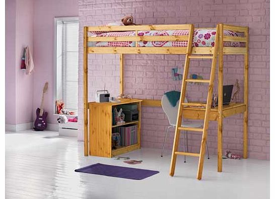 This attractive pine high sleeper bed gives your child a place to relax as well as a workspace and storage space with the desk and shelves. The included Elliott mattress is open coil with a medium firmness and a depth of 16cm. Sleeper: Solid wood fra