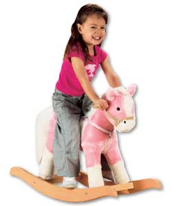 Cute soft plush rocking horse with realistic sounds.Press one ear and hear him neigh. With wooden