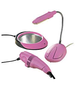 Stylish pink USB gift set, comprising of mini vacuum cleaner, LED light and cup warmer. All