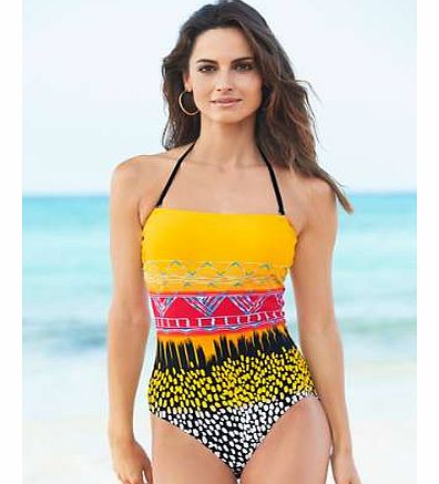 For simple poolside sophistication why not choose this stunning placement print ? Elegant and chic, this bandeau swimsuit is simply lovely. With detachable straps and powermesh to front which is designed to flatter and support. Swimsuit Features: Was