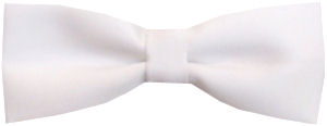 White pre-tied narrow bow tie with adjustable neckband.