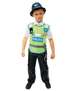 Two piece outfit with hat, walkie-talkie, and handcuffs. 100 polyester. Hand wash only. For ages 5 t