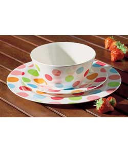 4 place settings with a blue, pink, orange and green polka dot pattern. Set contains 4 dinner plates
