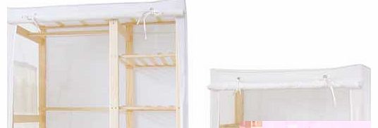 This Polycotton and Pine Wood Two Piece Double Wardrobe Package is the perfect storage solution for your bedroom. dressing room or attic. The wardrobe has one side for hanging clothes and the other side features four shelves for baskets. boxes or fol