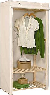 This Polycotton and Pine Wood Single Wardrobe is practical and affordable. This wardrobe has a hanging rail and a bottom shelf for shoes and extra storage. With a wood frame covered by polycotton