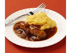 A tasty pork and leek sausage in cider and apple gravy with root vegetable mash